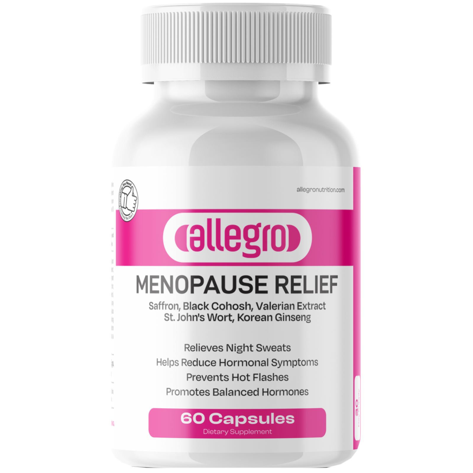 Allegro Menopause Relief 60-capsule supplement bottle