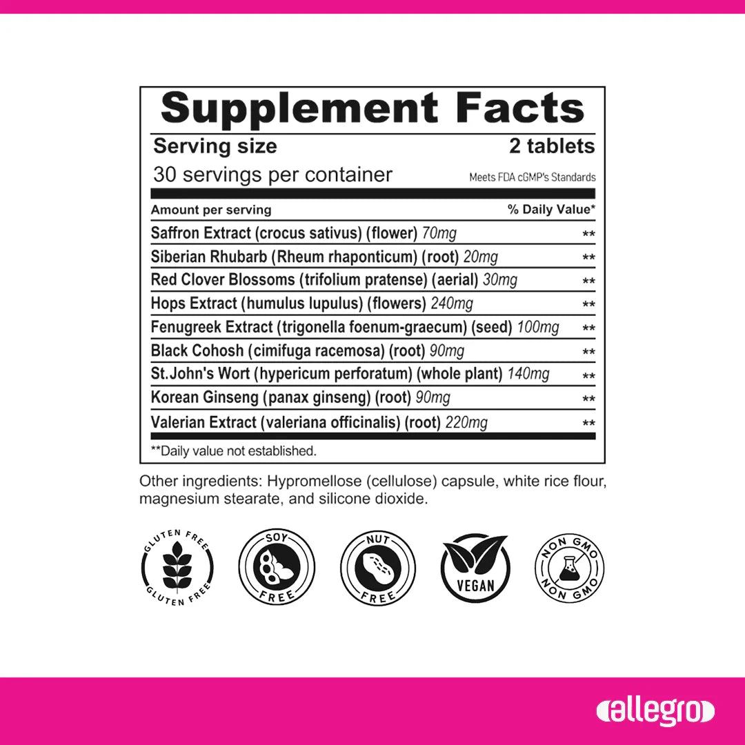 Allegro Menopause Relief Supplement Facts panel with nine botanical ingredients
